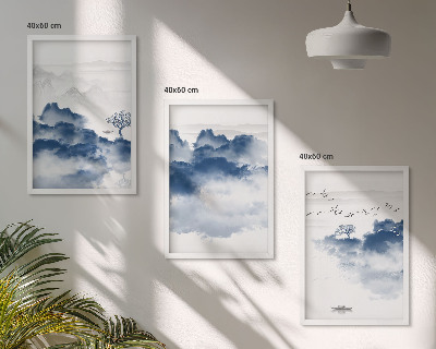 Set 3 slike u okviru Planine, oblaci, drveće, ptice