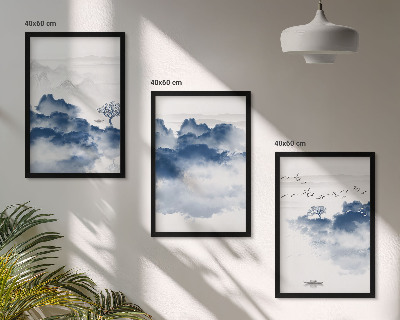 Set 3 slike u okviru Planine, oblaci, drveće, ptice