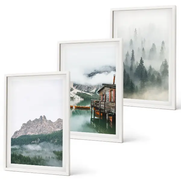 Set od 3 slike u okviru planine, jezero, vikendica i magla