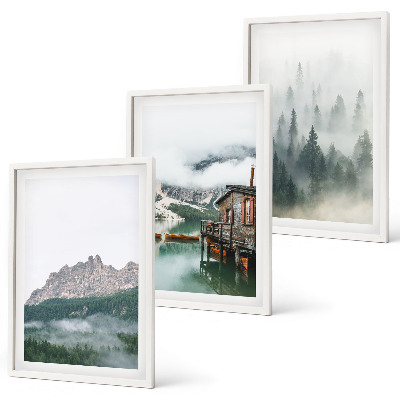 Set 3 slike u okviru Planine, jezero, vikendica, magla