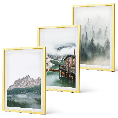 Set 3 slike u okviru Planine, jezero, vikendica, magla