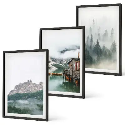 Set od 3 slike u okviru planine, jezero, vikendica i magla
