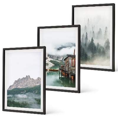 Set 3 slike u okviru Planine, jezero, vikendica, magla