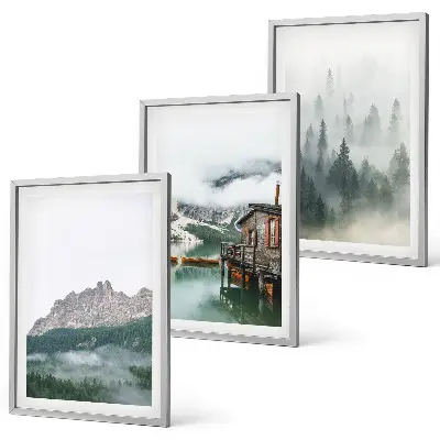 Set od 3 slike u okviru planine, jezero, vikendica i magla
