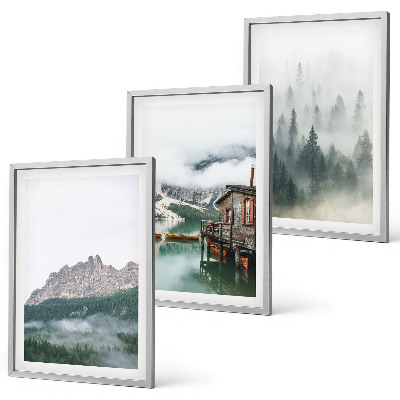 Set 3 slike u okviru Planine, jezero, vikendica, magla