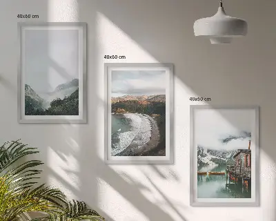 Set 3 slike u okviru planine, plaža, oblaci i voda