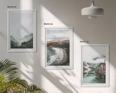 Set 3 slike u okviru planine, plaža, oblaci i voda