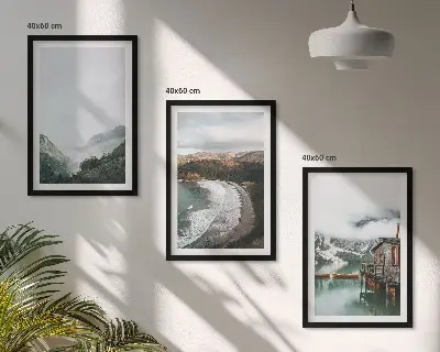 Set 3 slike u okviru planine, plaža, oblaci i voda