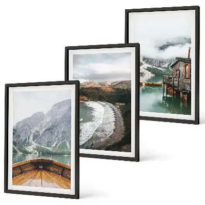 Zidna galerija planine, jezero, brod i plaža s krajolikom