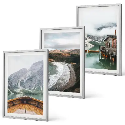 Zidna galerija planine, jezero, brod i plaža s krajolikom