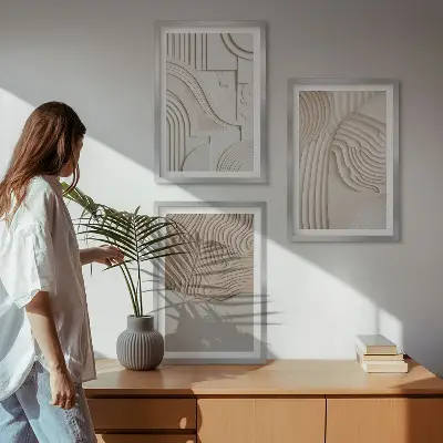 Apstraktne slike s uzorcima u bež i bijeloj boji set od 3 slike u okviru