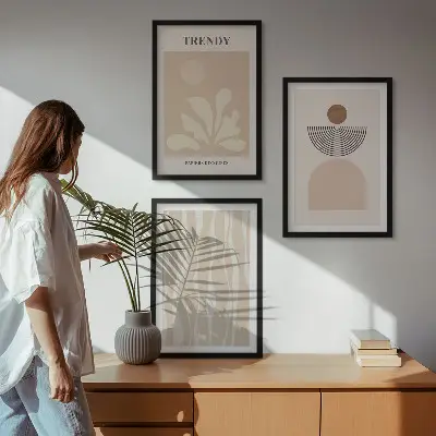 Apstraktna slika u bež nijansama triptih u okviru