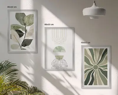 Set od 3 slike u okviru s biljnim motivima, geometrijom i zelenilom
