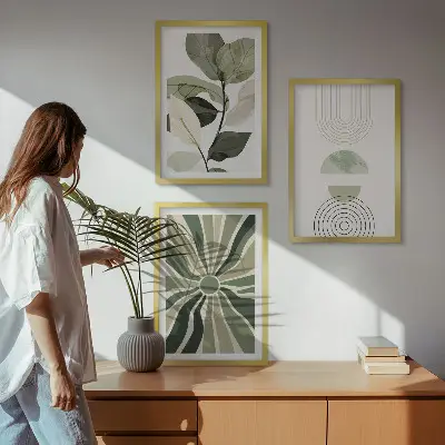 Set od 3 slike u okviru s biljnim motivima, geometrijom i zelenilom