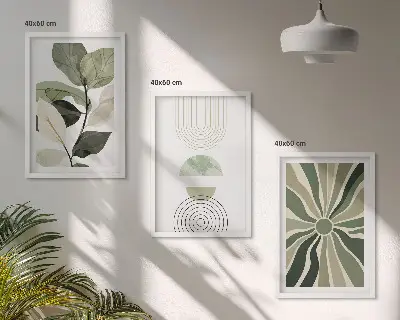 Set od 3 slike u okviru s biljnim motivima, geometrijom i zelenilom