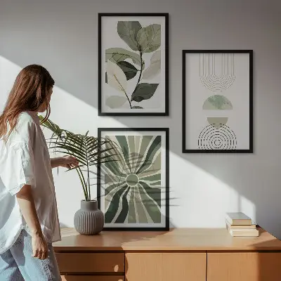 Set od 3 slike u okviru s biljnim motivima, geometrijom i zelenilom
