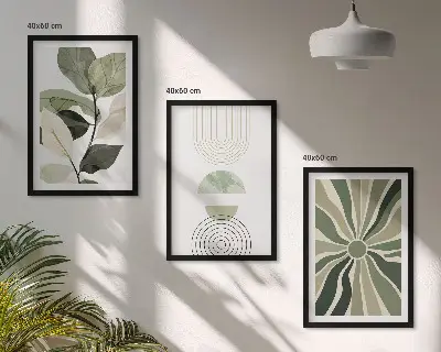 Set od 3 slike u okviru s biljnim motivima, geometrijom i zelenilom