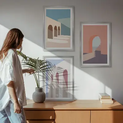 Pastelna arhitektonska grafika triptih u okviru