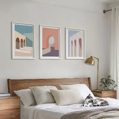 Pastelna arhitektonska grafika triptih u okviru
