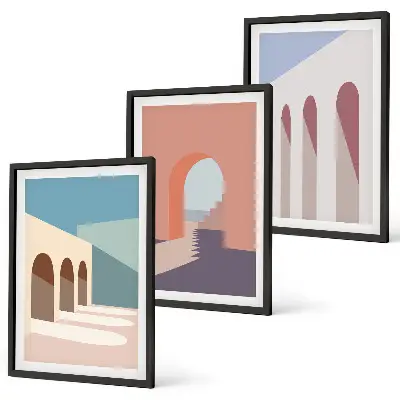 Pastelna arhitektonska grafika triptih u okviru