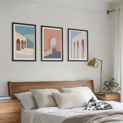 Pastelna arhitektonska grafika triptih u okviru