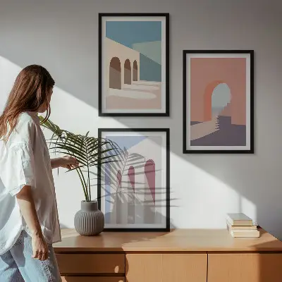 Pastelna arhitektonska grafika triptih u okviru