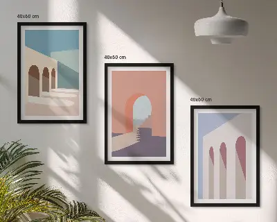 Pastelna arhitektonska grafika triptih u okviru