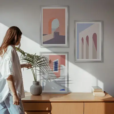 Minimalističke arhitektonske ilustracije triptih u okviru