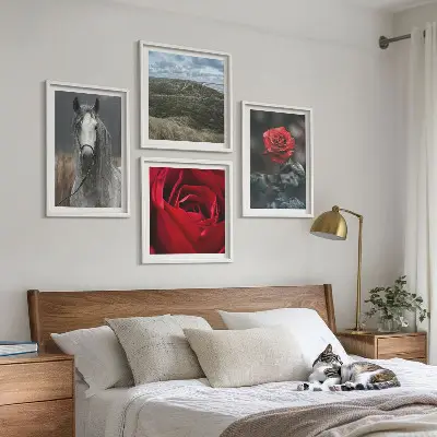 Set od 4 slike u okviru crvene ruže s konjem na sivoj pozadini