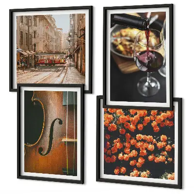 Dekorativni komplet slika za zid motiv violine s bocom vina i uličnim cvijećem