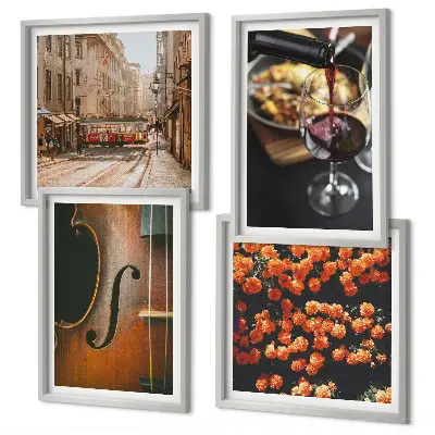 Dekorativni komplet slika za zid motiv violine s bocom vina i uličnim cvijećem