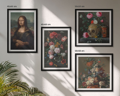 Set 4 slike u okviru Lubanja Mona Lise s vintage cvijećem