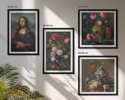 Lubanja Mona Lise s vintage cvijećem set od 4 slike u okviru