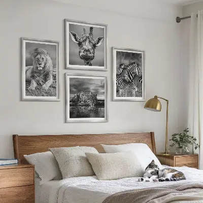Set 4 slike u okviru divlje životinje lav jaguar žirafa i zebra