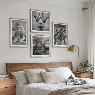 Set 4 slike u okviru Divlje životinje Lav Jaguar Žirafa Zebre