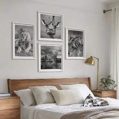 Set 4 slike u okviru divlje životinje lav jaguar žirafa i zebra