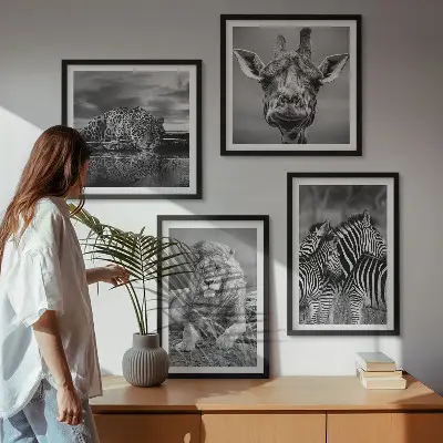 Set 4 slike u okviru divlje životinje lav jaguar žirafa i zebra