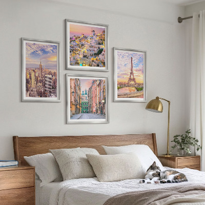 Dekorativni komplet slika za zid New York Pariz Oia Varšava sumrak