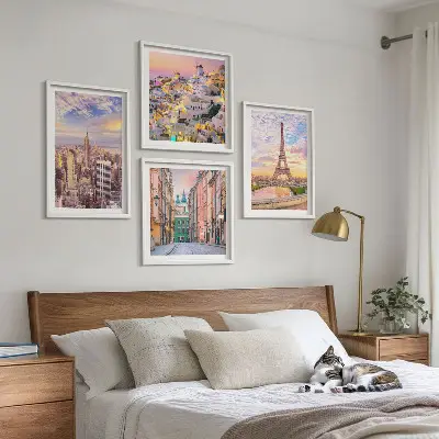 Dekorativni komplet slika za zid s motivom sumraka u New Yorku, Parizu, Oii i Varšavi