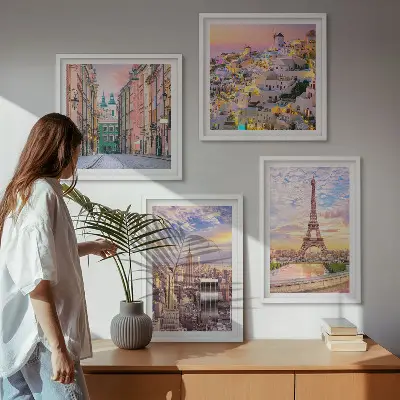 Dekorativni komplet slika za zid s motivom sumraka u New Yorku, Parizu, Oii i Varšavi