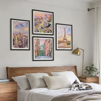 Dekorativni komplet slika za zid s motivom sumraka u New Yorku, Parizu, Oii i Varšavi