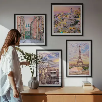 Dekorativni komplet slika za zid s motivom sumraka u New Yorku, Parizu, Oii i Varšavi