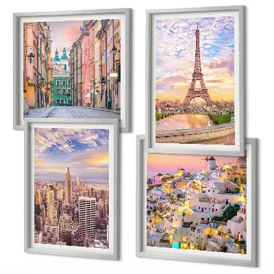 Dekorativni komplet slika za zid s motivom sumraka u New Yorku, Parizu, Oii i Varšavi