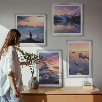 Komplet slika za spavaću sobu s motivom planinskog krajolika s jezerom i jelenom