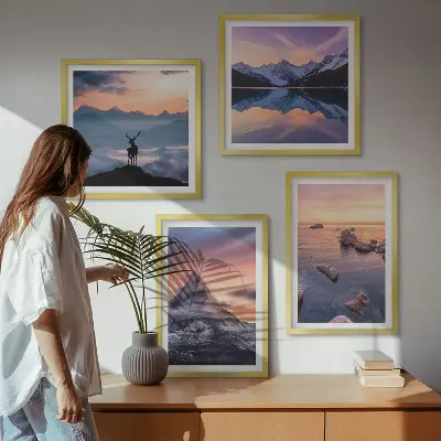 Komplet slika za spavaću sobu s motivom planinskog krajolika s jezerom i jelenom