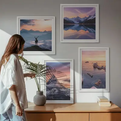 Komplet slika za spavaću sobu s motivom planinskog krajolika s jezerom i jelenom