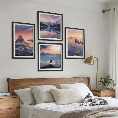 Komplet slika za spavaću sobu s motivom planinskog krajolika s jezerom i jelenom