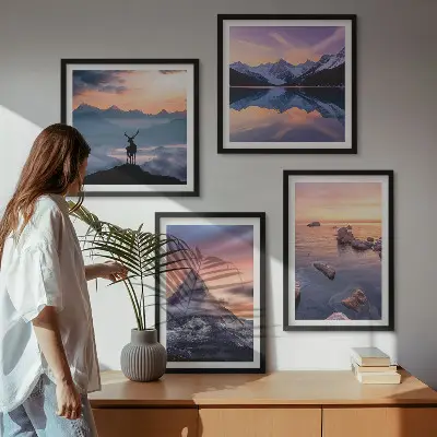 Komplet slika za spavaću sobu s motivom planinskog krajolika s jezerom i jelenom