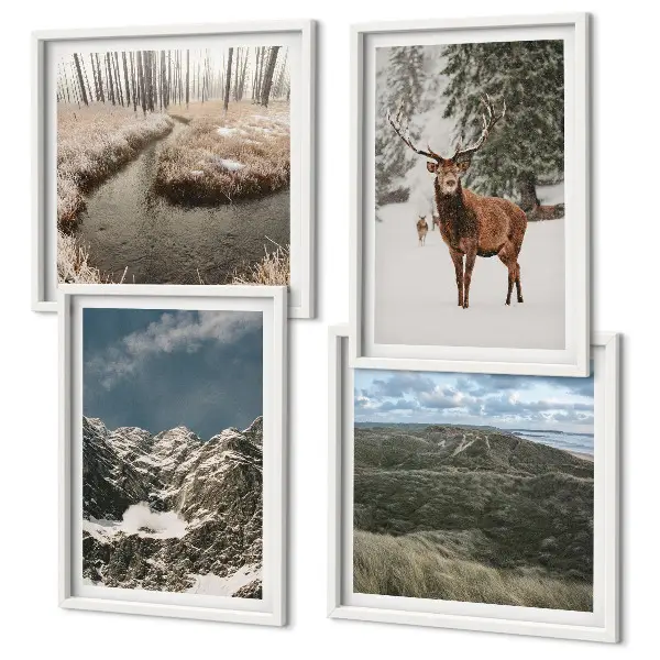 Set 4 slike u okviru planinski šumski krajolik sa jelenom