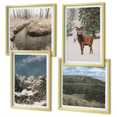Set 4 slike u okviru planinski šumski krajolik sa jelenom